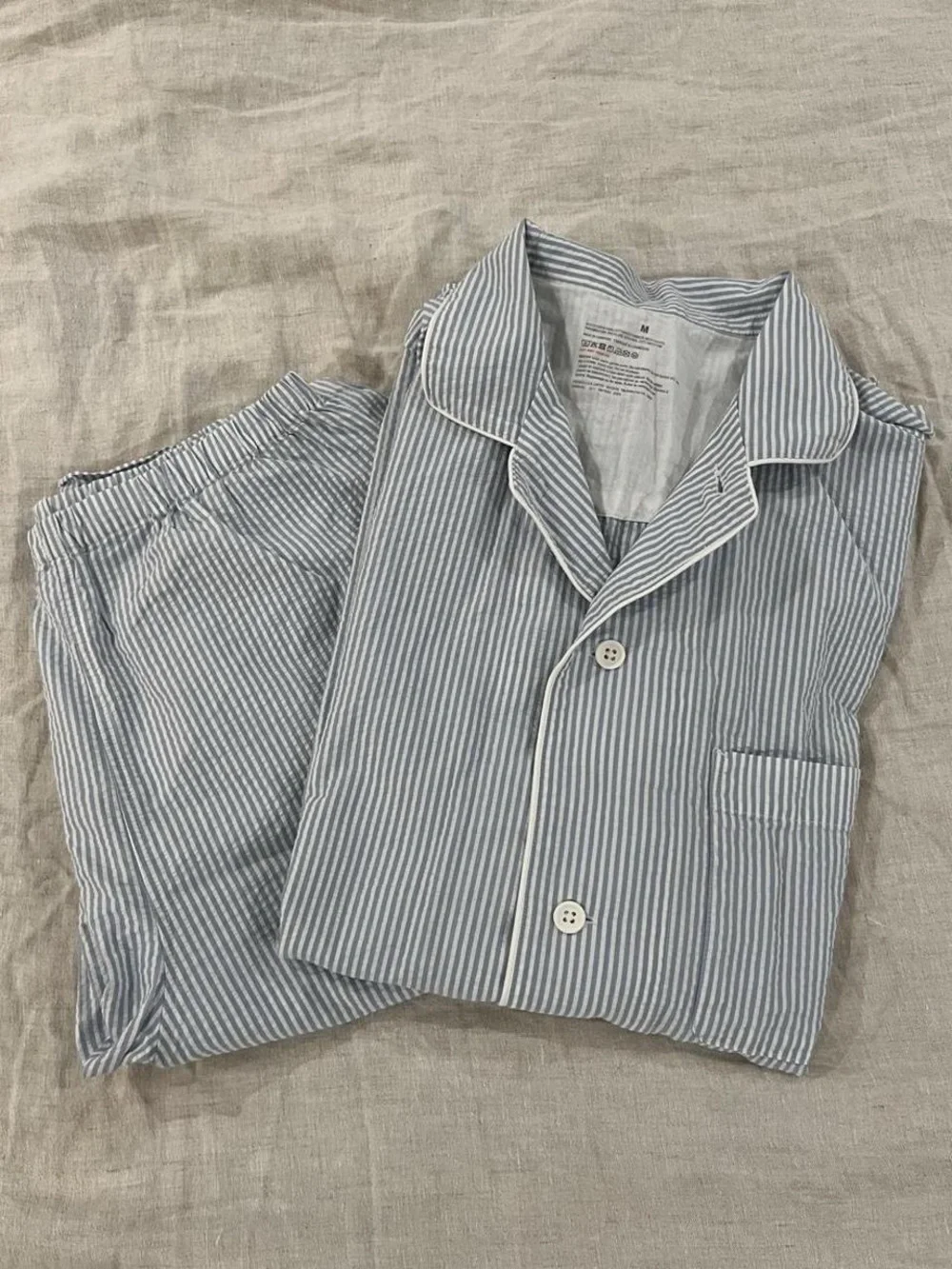 MUJI Blue Stripe Pajama Set - MUJI Men's Side Seamless Seersucker Pajamas Blue